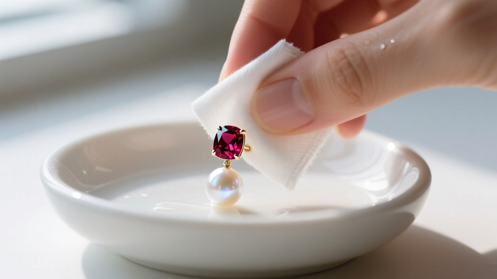Hands gently wiping a ruby and pearl stud earring with a damp microfiber cloth over a ceramic jewelry cleaning dish