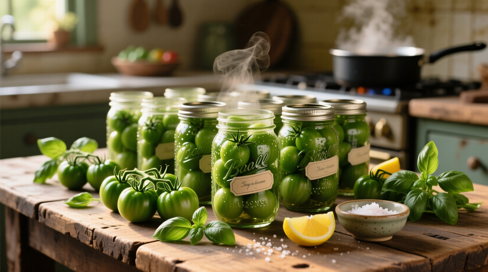 Green tomato canning setup with jars and fresh produce