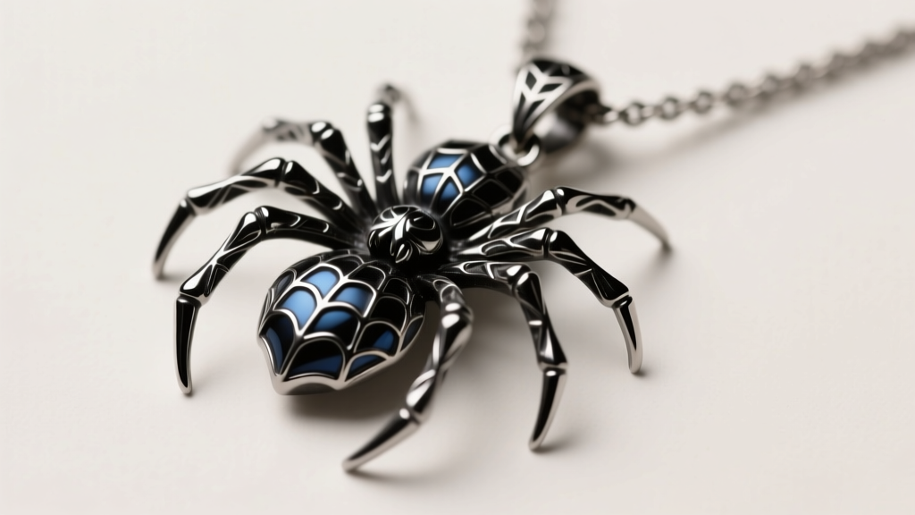Macro shot of a black rhodium plated gothic spider pendant necklace showing dark metallic luster and intricate web details.