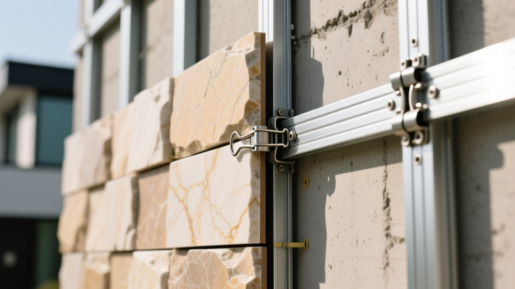 Close-up of interlocking clip-on stone veneer panels being mechanically fastened to a furring strip grid on an exterior wall