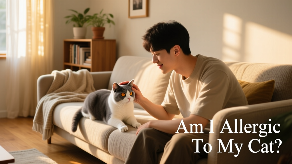 Person gently petting a domestic shorthair cat on a sunlit living room sofa