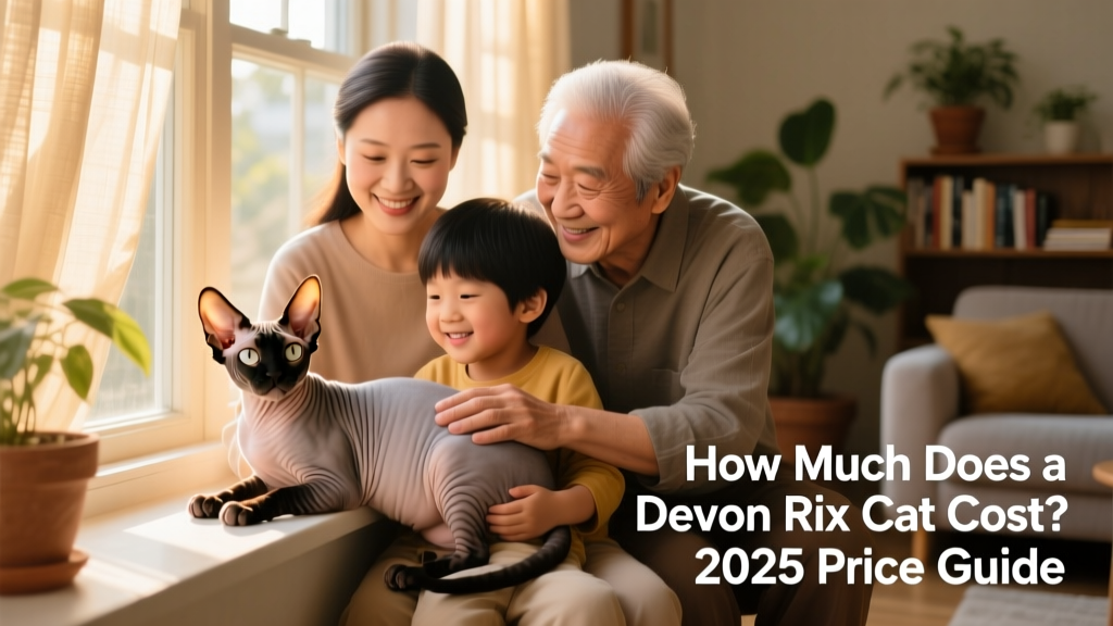 A smiling family interacting gently with a Devon Rex kitten on a sunlit windowsill, showcasing their bond and calm temperament