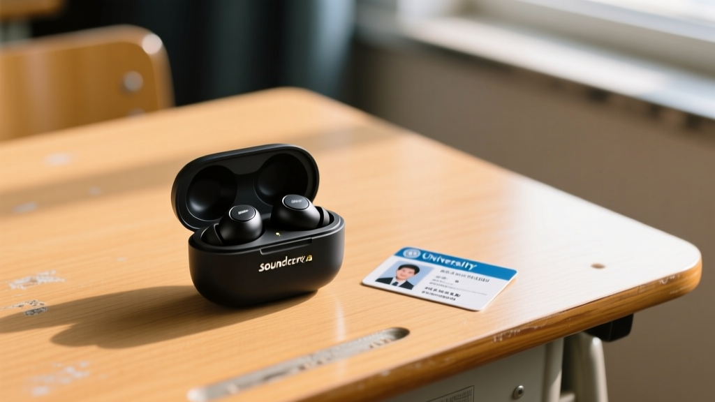 Close-up of Soundcore Sleep A20 earbuds in charging case resting on a wooden dorm desk next to a university student ID card