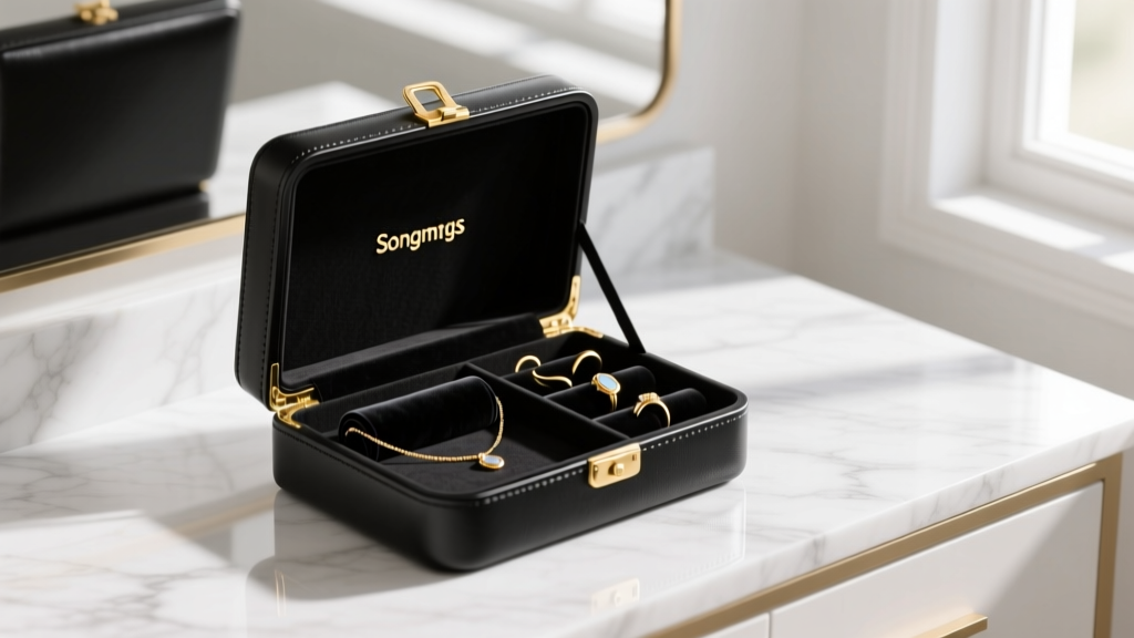 Black PU leather Songmics desktop jewelry box open on white marble vanity, revealing velvet ring rolls and gold necklace hooks