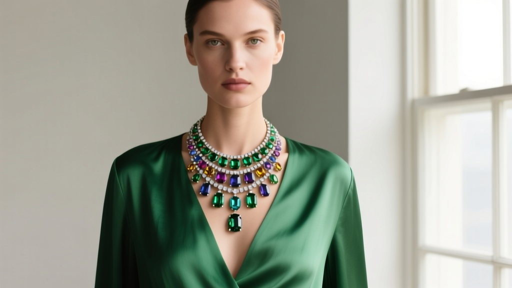 Model wearing a layered colorful gemstone necklace over a green silk blouse, highlighting analogous color theory in fine jewelry.
