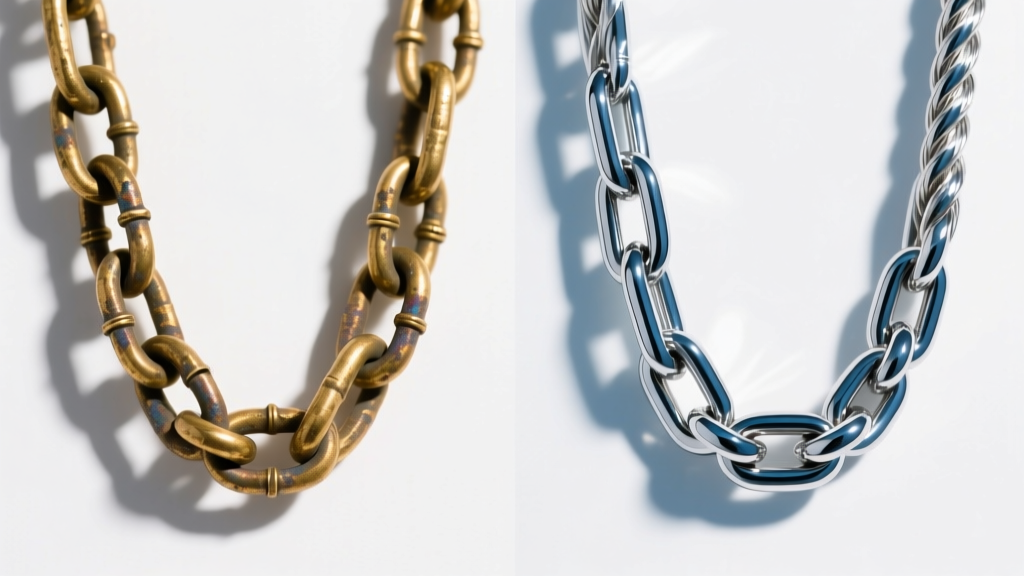 Side-by-side comparison of tarnished brass chain and pristine PVD coated stainless steel rope chain under bright studio lighting