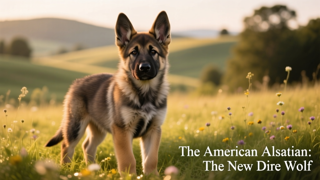 American Alsatian puppy standing confidently on grass, showcasing thick fur, erect ears, and alert expression