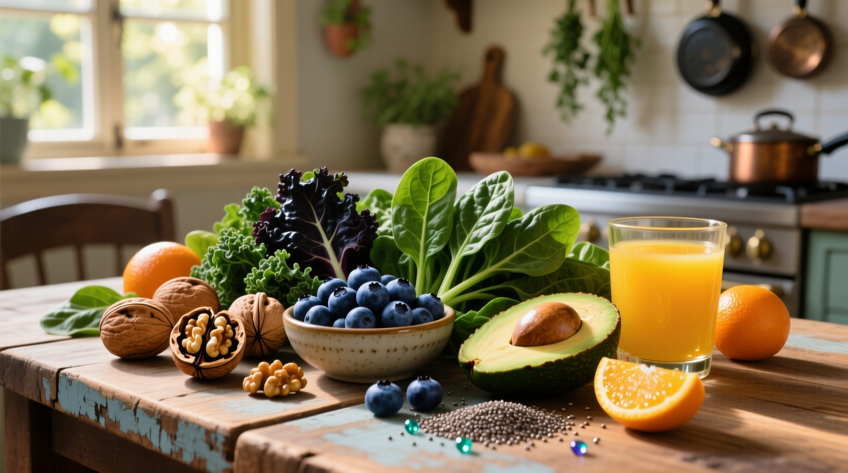 Colorful assortment of brain-healthy foods on wooden table