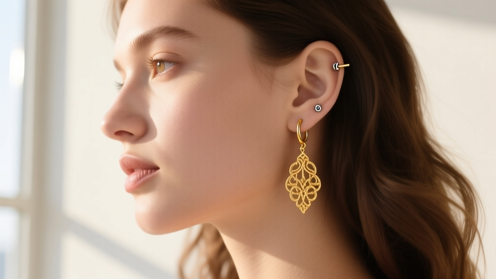 Side profile of a woman wearing delicate 18k gold threader earrings through a 16-gauge cartilage piercing, emphasizing warm hue