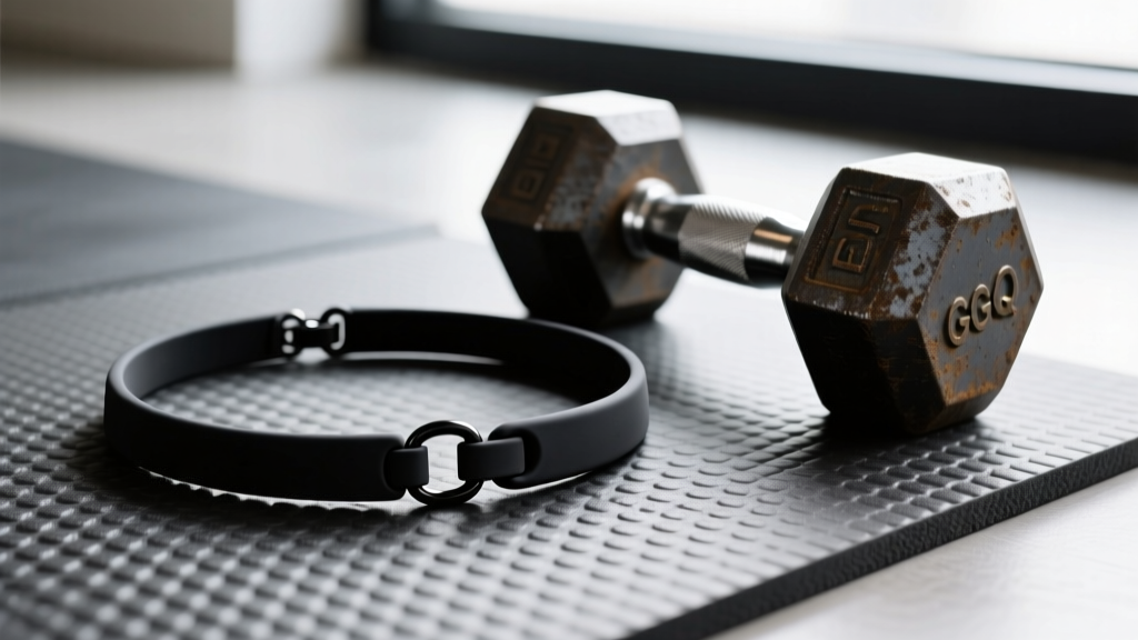 Matte-black silicone sports necklace with breakaway clasp resting on a textured rubber gym mat beside a cast-iron dumbbell.