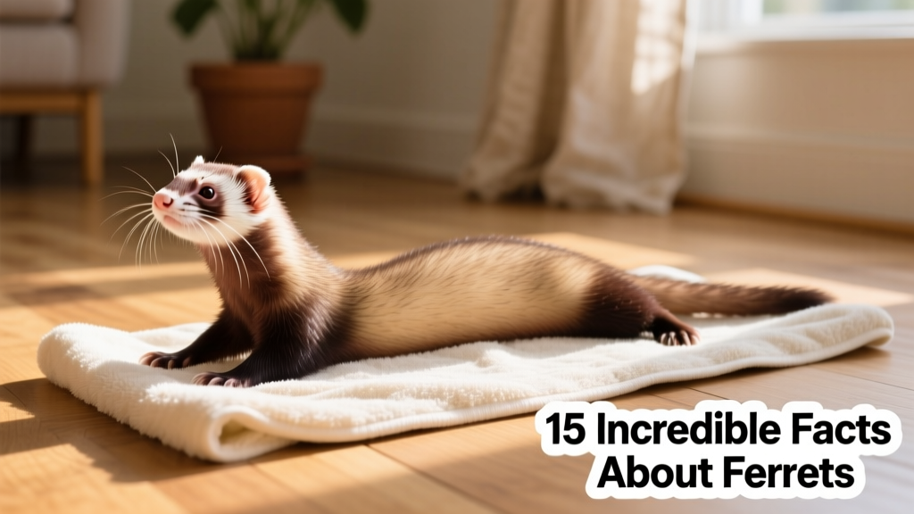 Ferret stretching comfortably on a soft towel, illustrating natural grooming behavior and healthy coat condition