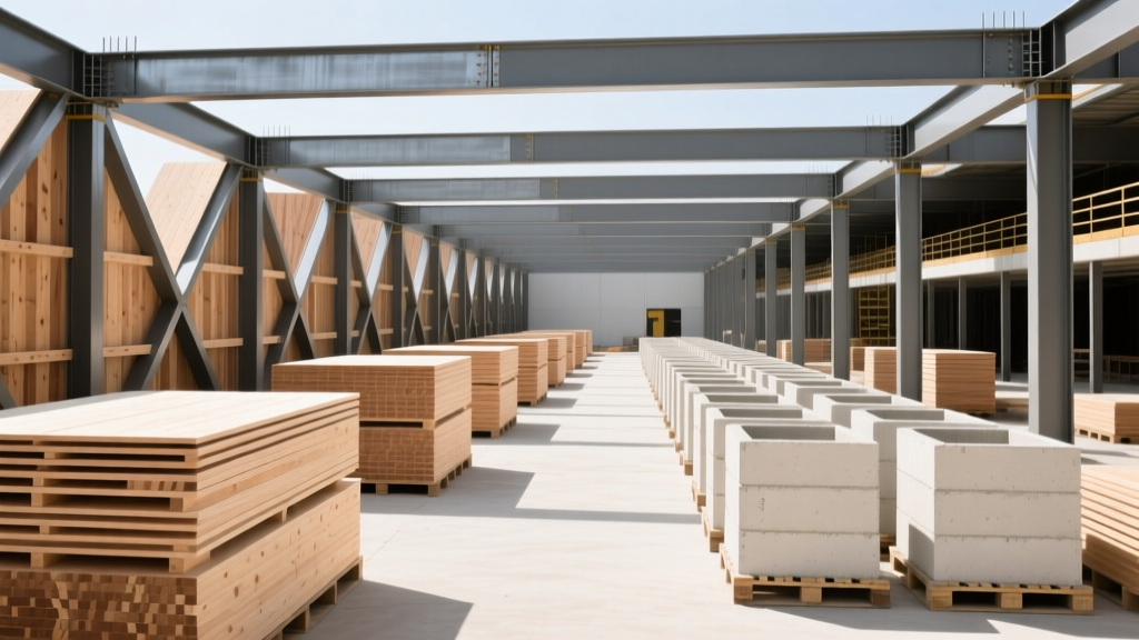 Organized stacks of cross-laminated timber, steel I-beams, and pallets of low-carbon cement at a modern commercial construction site