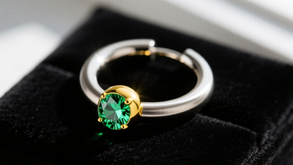 Macro shot of an 18-gauge titanium huggie hoop with a yellow gold spherical charm and a central peridot gemstone on a dark velvet pad