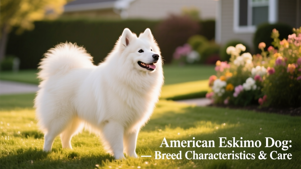 Side profile of a smiling American Eskimo dog standing confidently on grass, showing its thick white double coat and alert expression