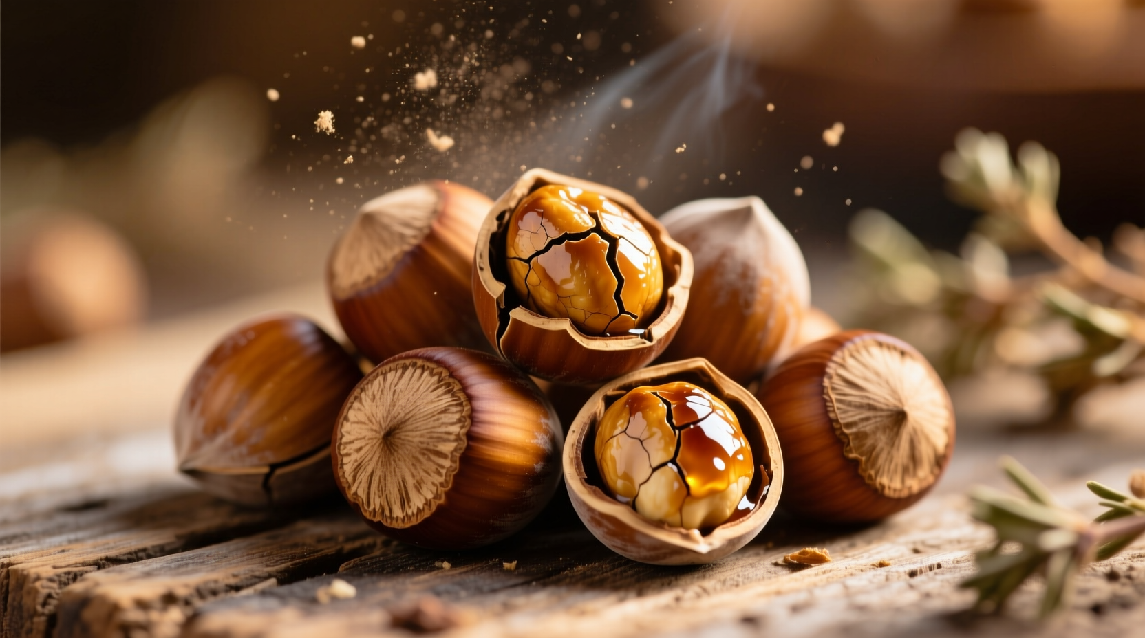 Close-up of roasted hazelnuts with golden brown shells