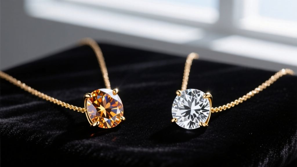 Side-by-side comparison of natural and lab diamond tennis pendant necklaces on dark velvet to show bright light return