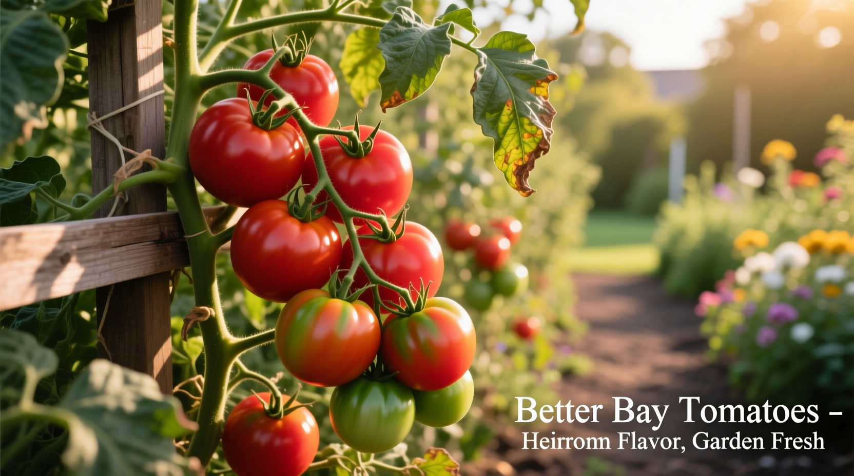 Ripe Better Boy tomatoes on indeterminate vine in garden