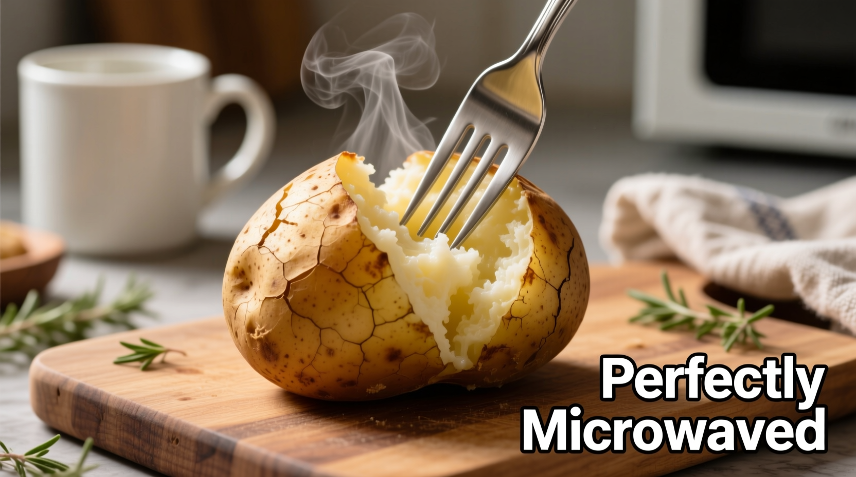 Perfectly microwaved baked potato with fork