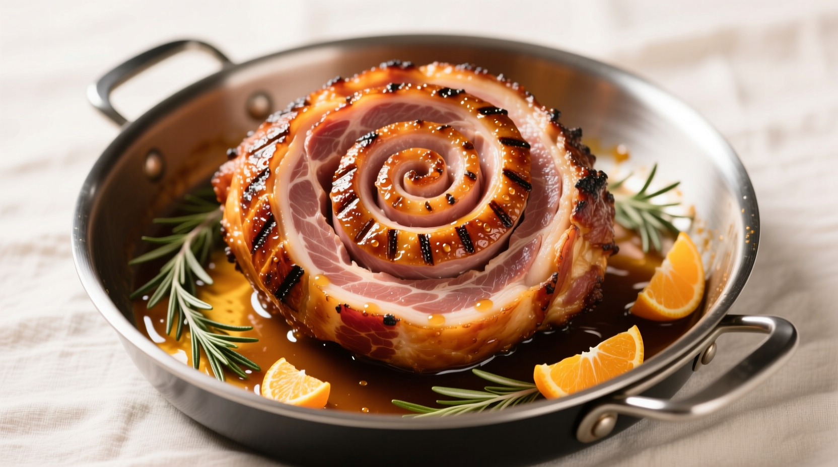Spiral ham properly covered in roasting pan