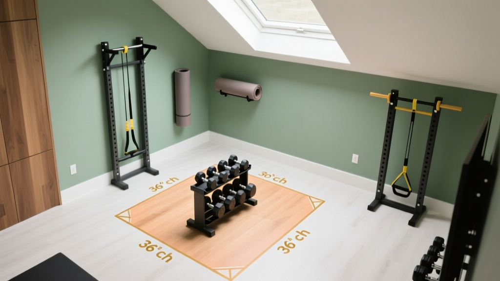 Overhead floor plan of a 50-square-foot home gym layout showing marked safety clearance zones around the adjustable dumbbell storage stand