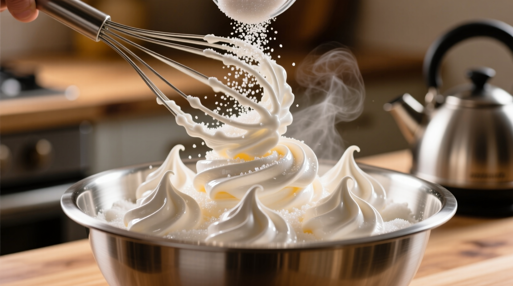add sugar after you start whipping for fluffier meringu