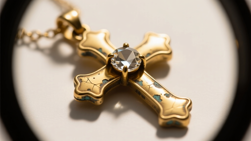 Jeweler loupe view of a gold vermeil cross pendant showing worn prongs and a loose crystal, highlighting metal degradation.
