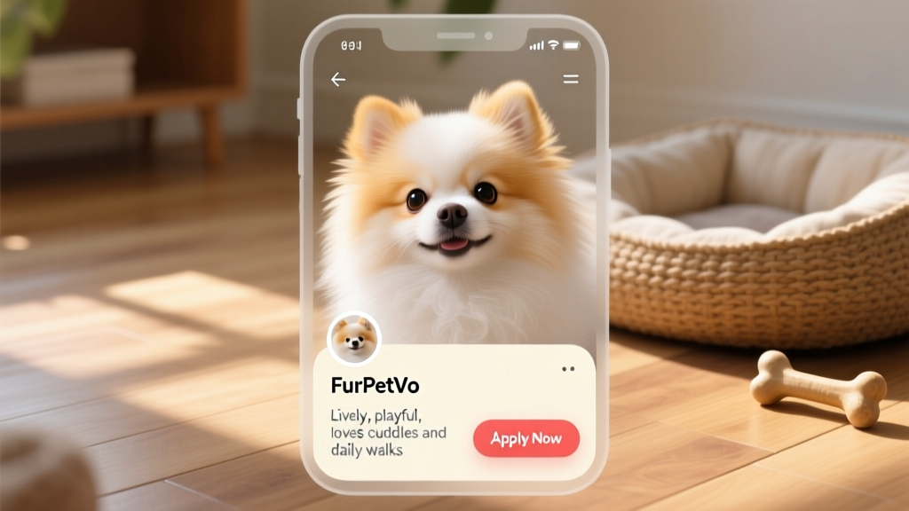 Screenshot-style graphic showing a friendly FurPetVo profile page with a Pomeranian photo, bio section, and 'Apply Now' button