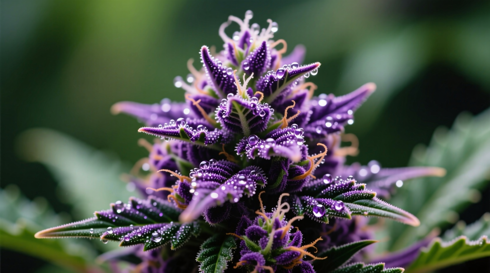 Close-up of BB Kush bud showing purple hues and trichomes