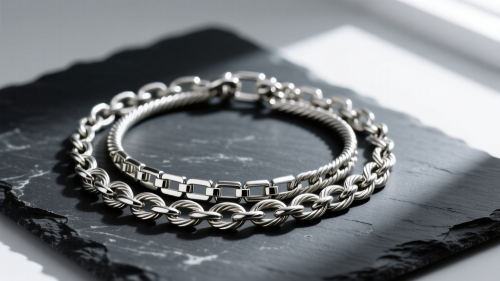 Tangled silver double necklace with a box chain and cable chain laid flat on dark slate, highlighting friction points and knotting