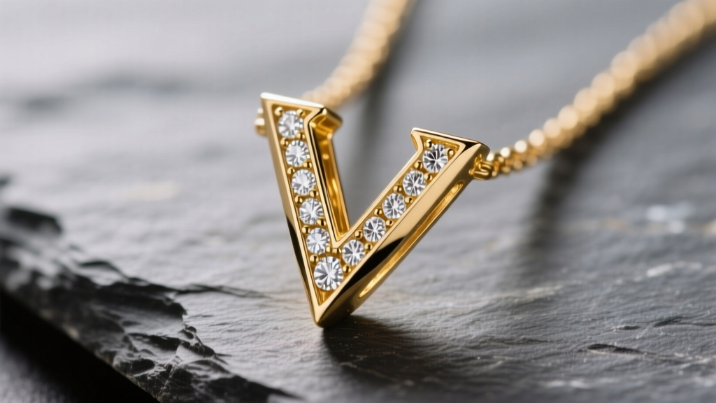 Macro shot of a 14k gold letter V pendant on slate, highlighting sharp angles and pave diamonds under soft lighting.