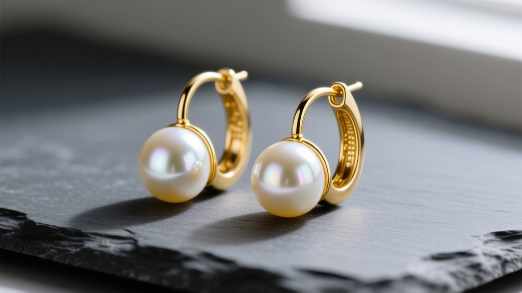 Macro shot of 14k yellow gold pearl drop hoop earrings resting on dark grey slate, highlighting the luster of round Akoya pearls