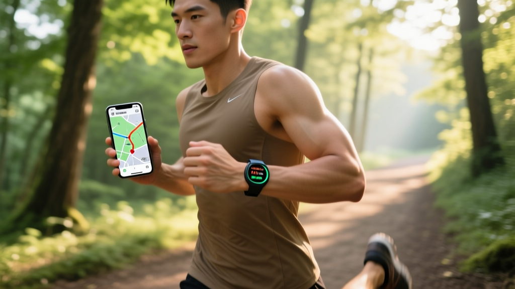 Runner checking connected GPS route data on the Garmin Vivosmart 6 wristband while holding a smartphone during a morning trail run