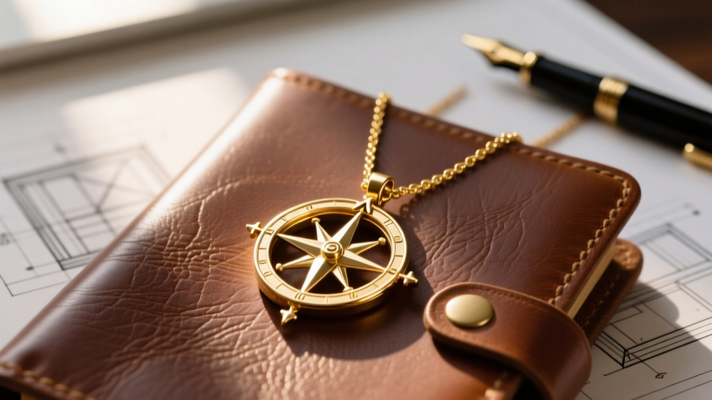 Close-up of a 14k gold skills necklace with an architect compass pendant resting on a leather portfolio in warm, natural lighting
