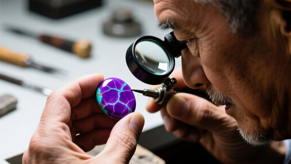 Close-up of a jeweler using a 10x triplet loupe to inspect the fracture lines of a purple turquoise bead for dye accumulation.