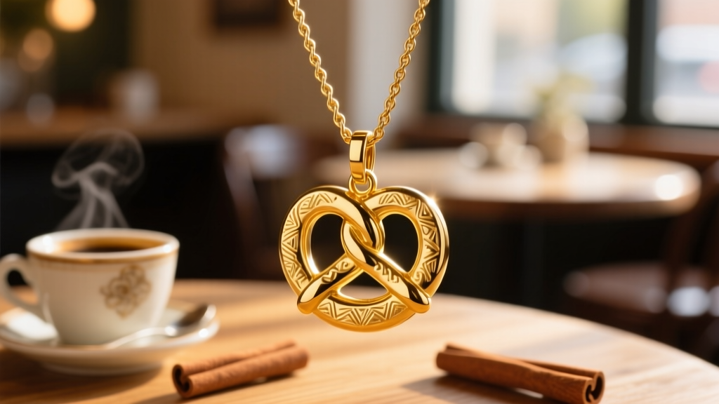 Macro shot of a 14k gold vermeil pretzel charm on a 1.5mm rope chain against a softly blurred, warm café background.