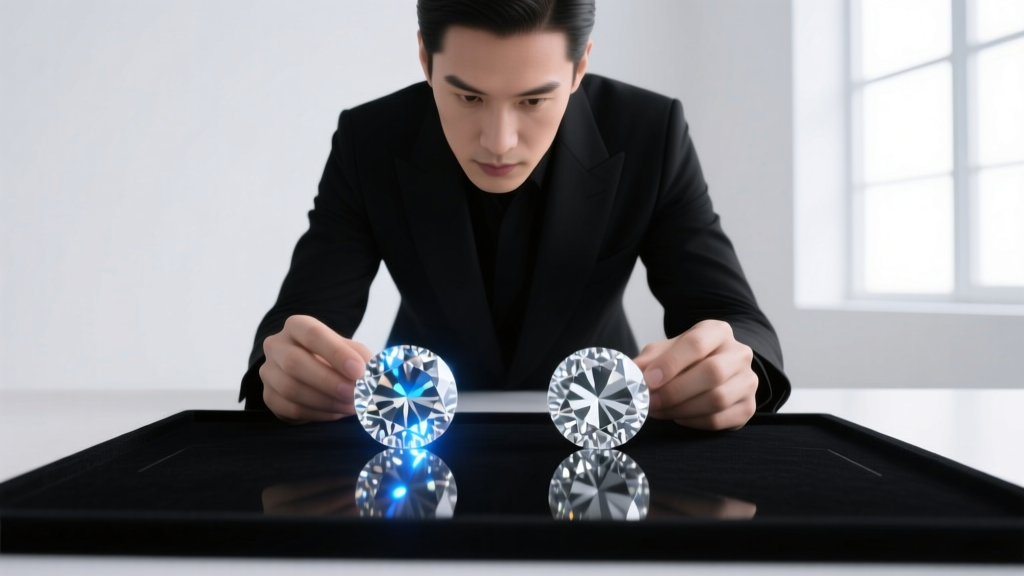 Jeweler examining two loose round brilliant diamonds side-by-side on a black grading mat to compare color and fluorescence.