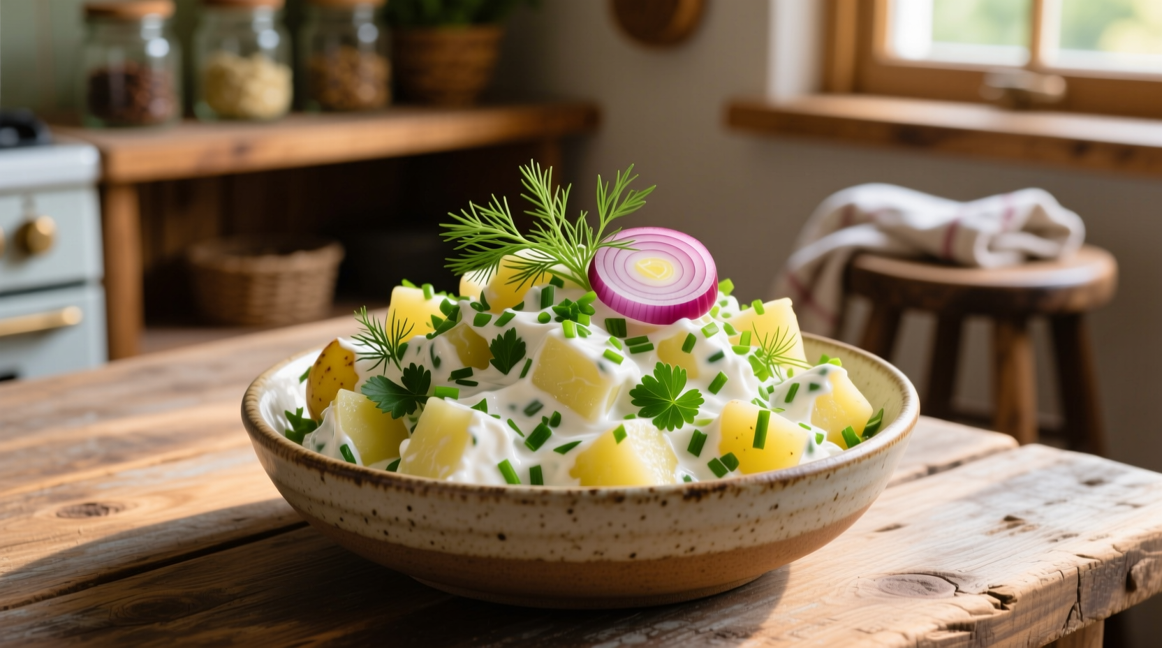 Homemade potato salad with Greek yogurt dressing and fresh herbs