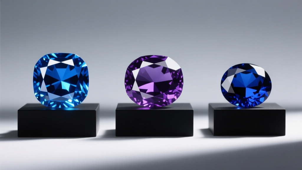 Side-by-side gemological comparison of royal blue sapphire, deep tanzanite, and cobalt spinel under bright daylight
