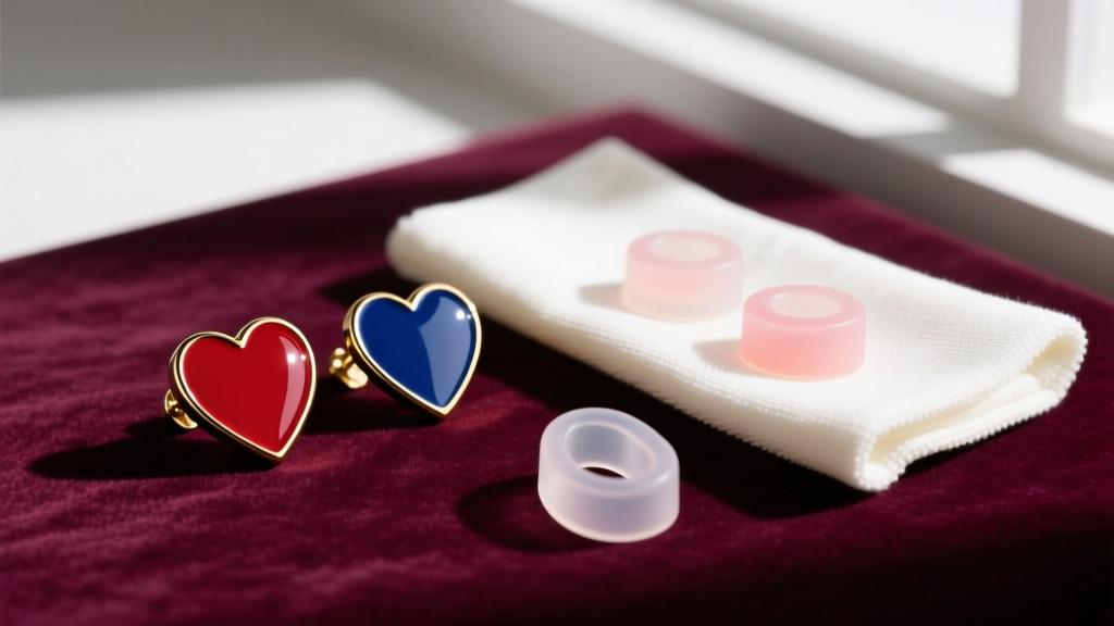 Flat lay of oversized enamel heart earrings on velvet, alongside silicone ear support discs and a microfiber polishing cloth.
