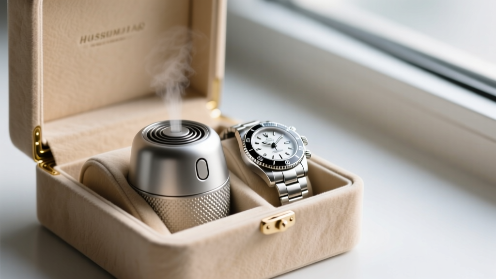 Macro shot of an electronic dehumidifier inside a beige suede watch jewelry box resting next to a steel chronograph watch.