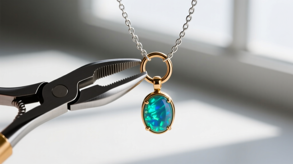 Jewelry pliers gently opening a 4mm 20-gauge brass jump ring to attach a restored vintage Avon opal pendant to a new chain