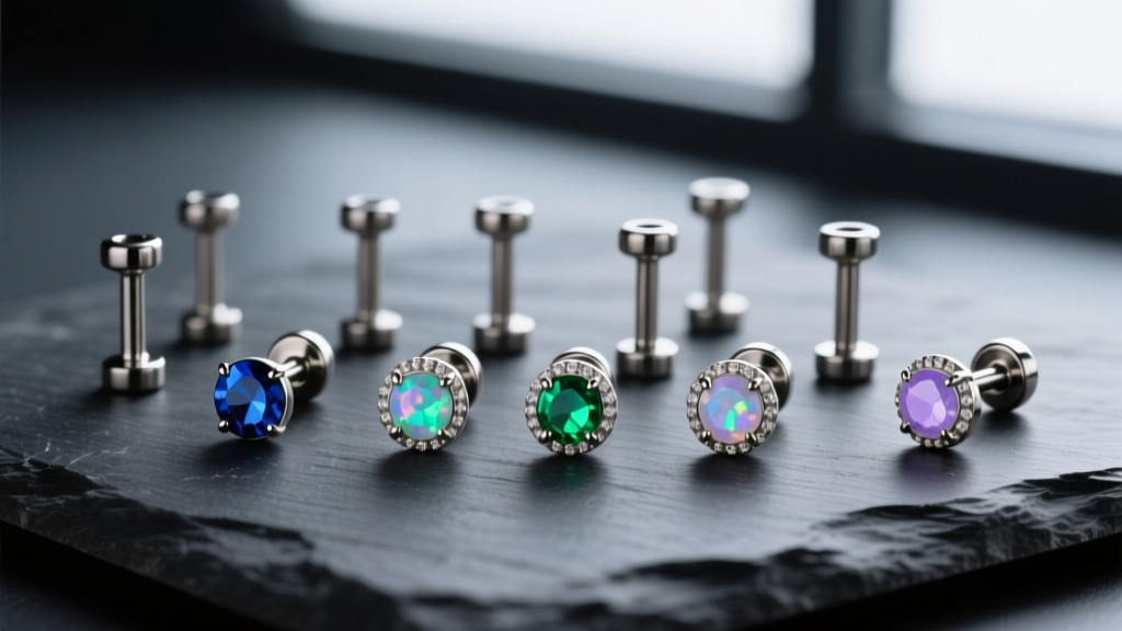 Elegant flat-lay of 14-gauge titanium threadless nipple barbells with bezel-set opals on dark slate with soft moody lighting.