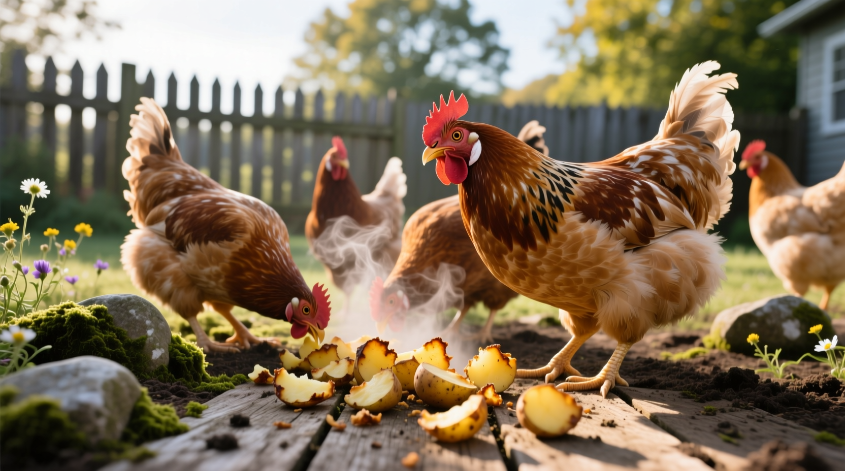 Backyard chickens pecking at cooked potato scraps