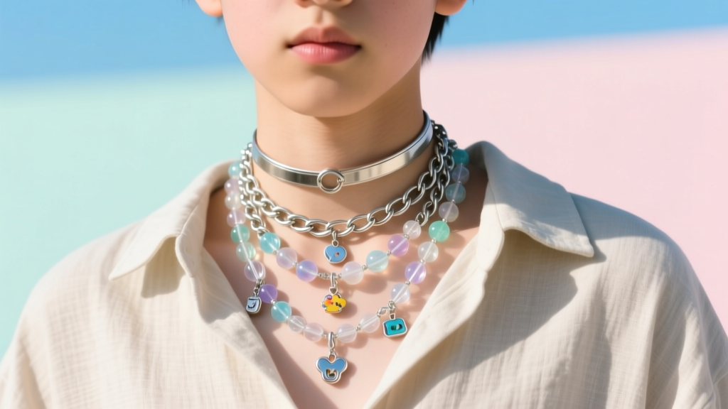 Teenager wearing a choker and long mood necklace, showing a trendy Y2K-inspired jewelry stack against a bright, sunlit background