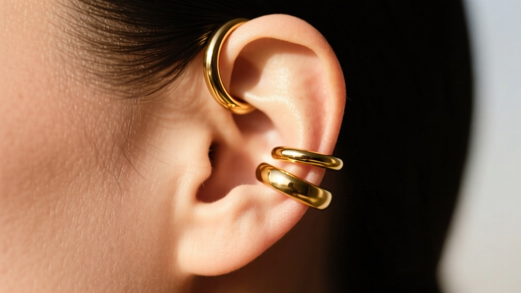 Side profile of a curated ear stack with three separate gold hoops of varying diameters in the lobe and helix under natural light