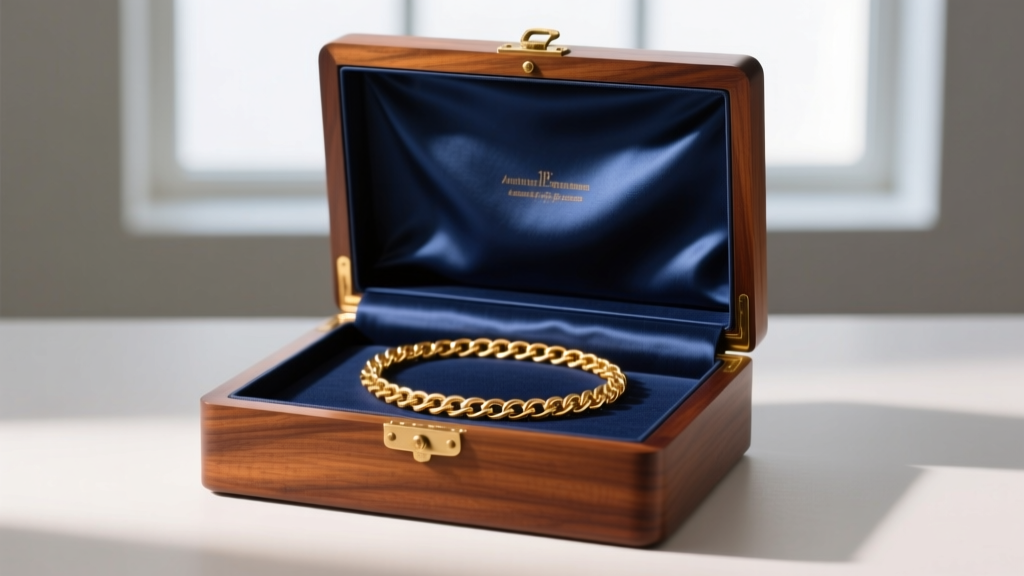 Open archival mahogany jewelry box lined with anti-tarnish cloth, holding a carefully coiled vintage 18k gold chain necklace