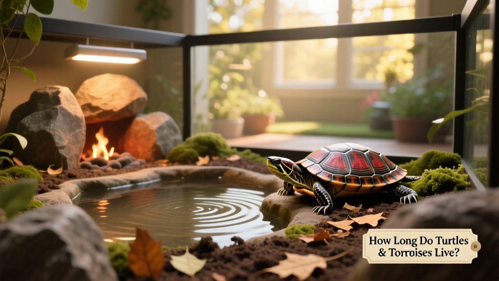 A well-maintained FurPetVo habitat setup showing proper basking area, clean water zone, UV lighting, and naturalistic substrate