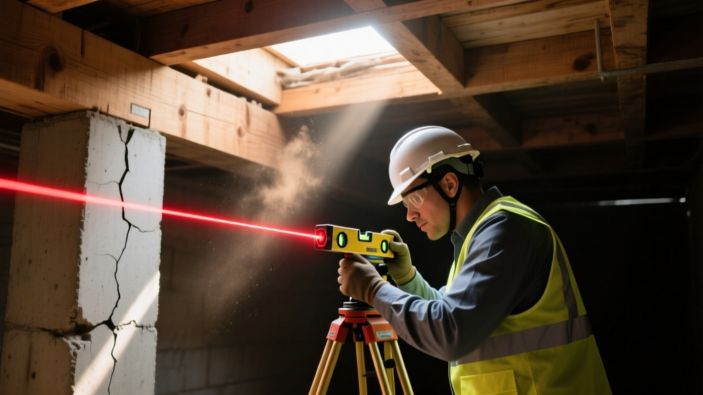 Engineer using laser level in crawlspace to inspect wooden girders and concrete piers for differential settlement damage