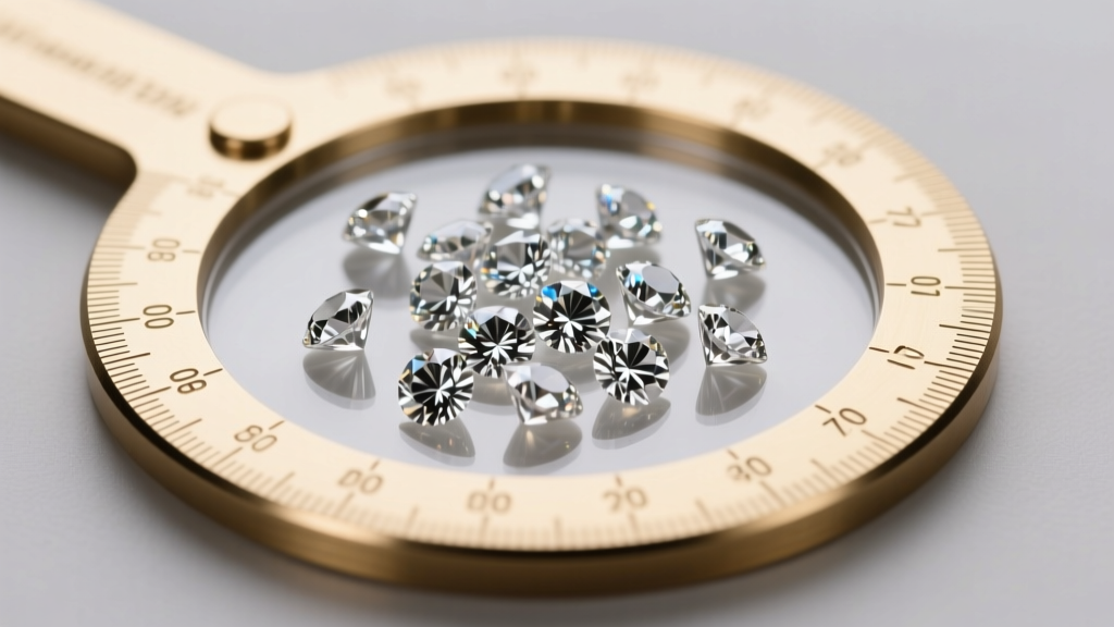 Scattered 1.5mm lab-grown melee diamonds beside a brass gauge showing the minute surface area and facet structure of tiny stones