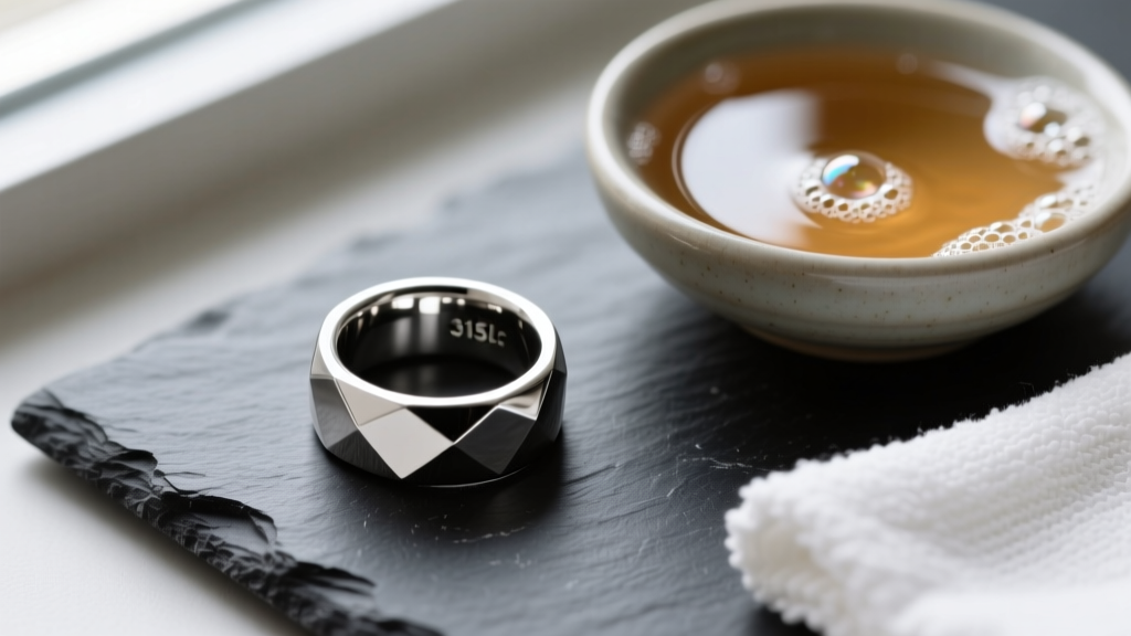 Overhead macro shot of a polished 316l stainless steel signet ring resting on a dark slate surface next to a small bowl of warm soapy water and a soft microfiber cloth, illuminated by natural window light